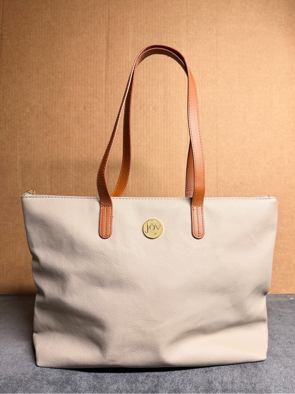 Joy Mangano Taupe Pebbled Leather Tote Bag Brown Handles Gold Logo